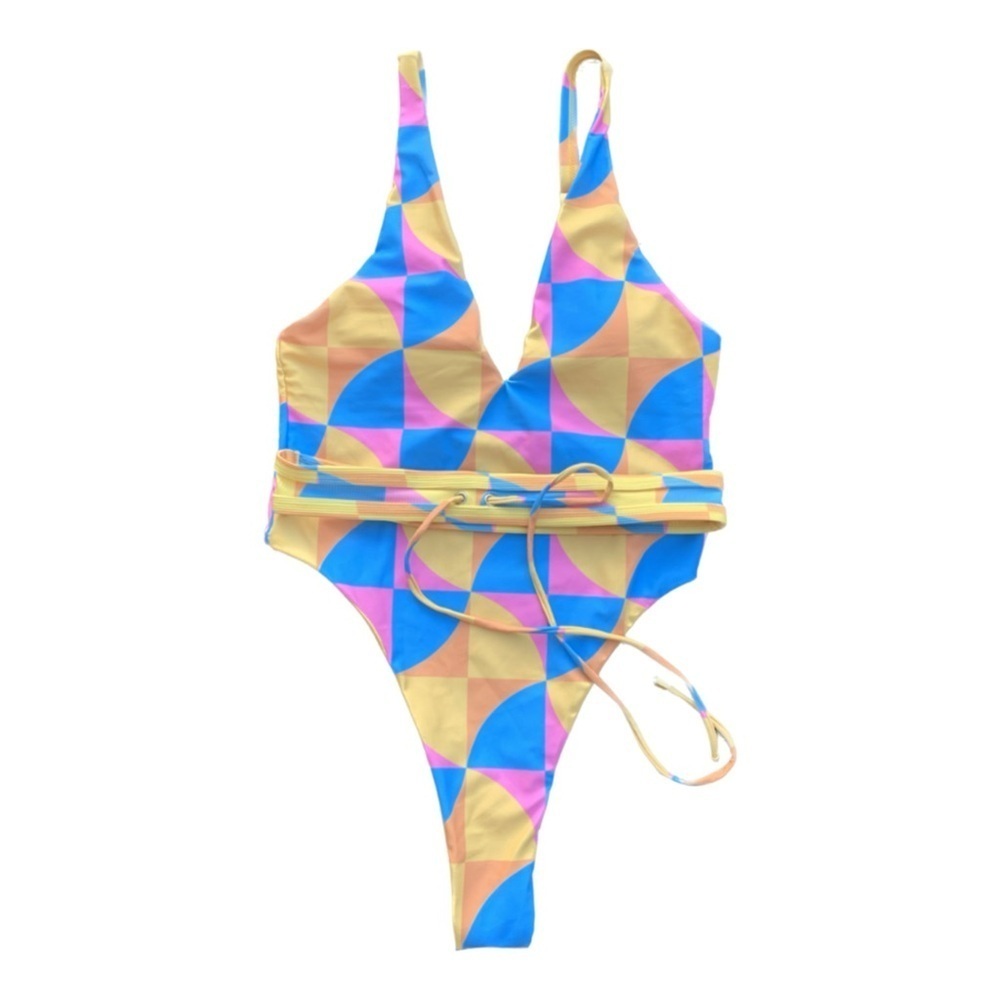 Aurelle Blue Pink Orange Retro One piece Swimsuit with Belt Thong Cheeky Size M